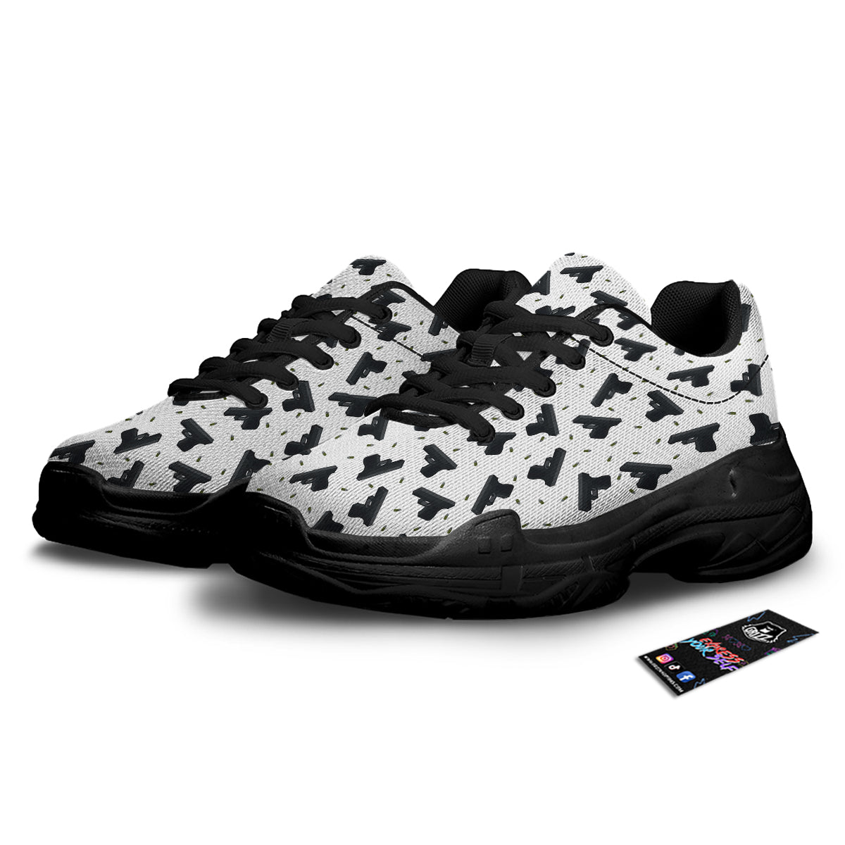 Gun Bullet White And Black Print Pattern Black Chunky Shoes-grizzshop