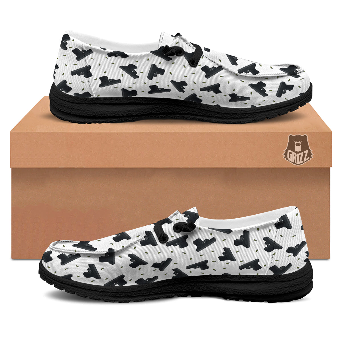 Gun Bullet White And Black Print Pattern Black Loafers-grizzshop