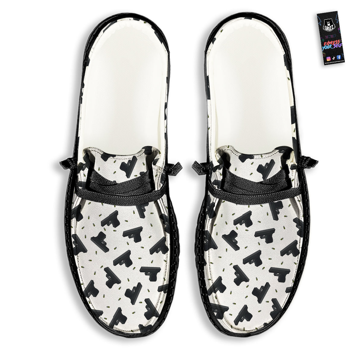 Gun Bullet White And Black Print Pattern Black Loafers-grizzshop