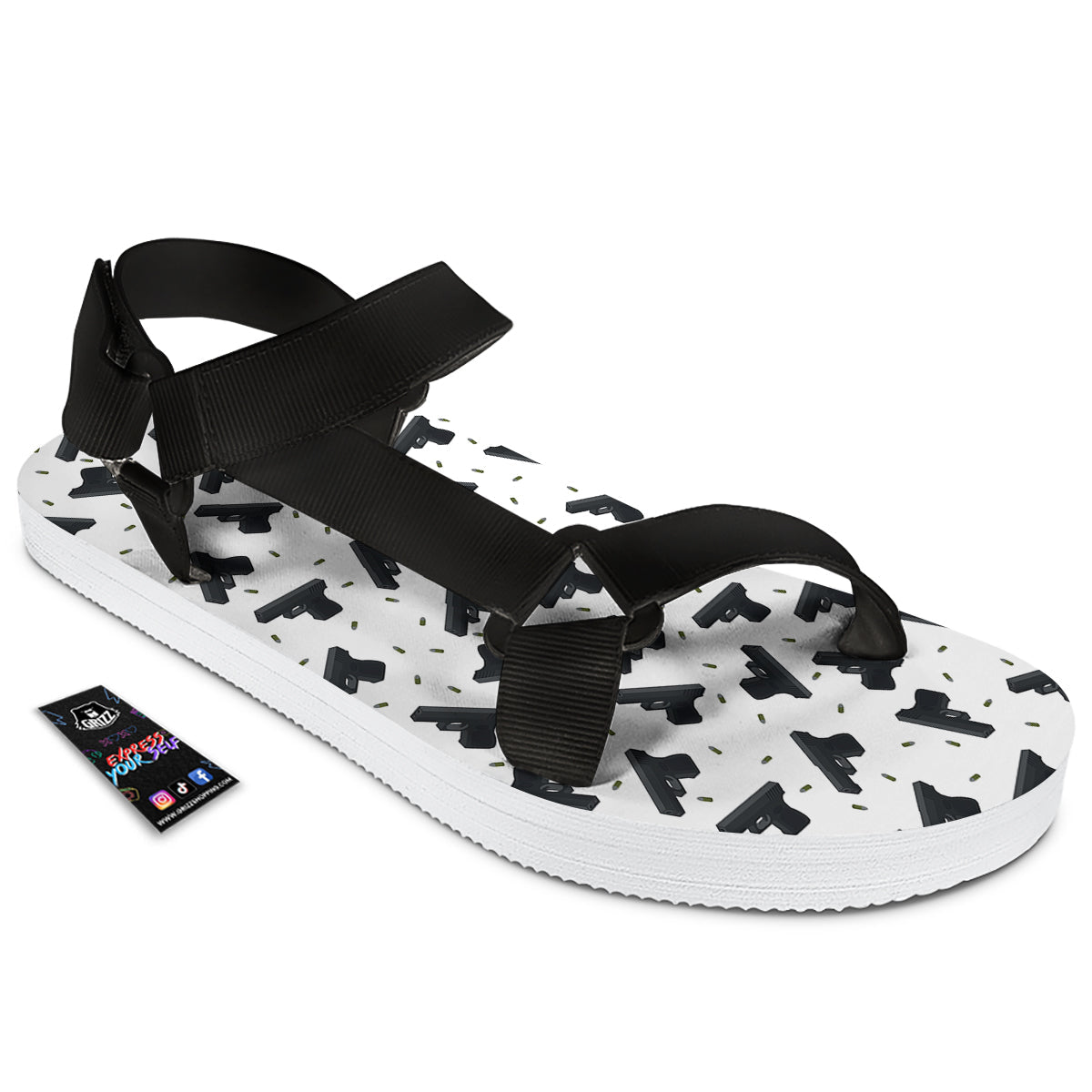 Gun Bullet White And Black Print Pattern Black Open Toe Sandals-grizzshop