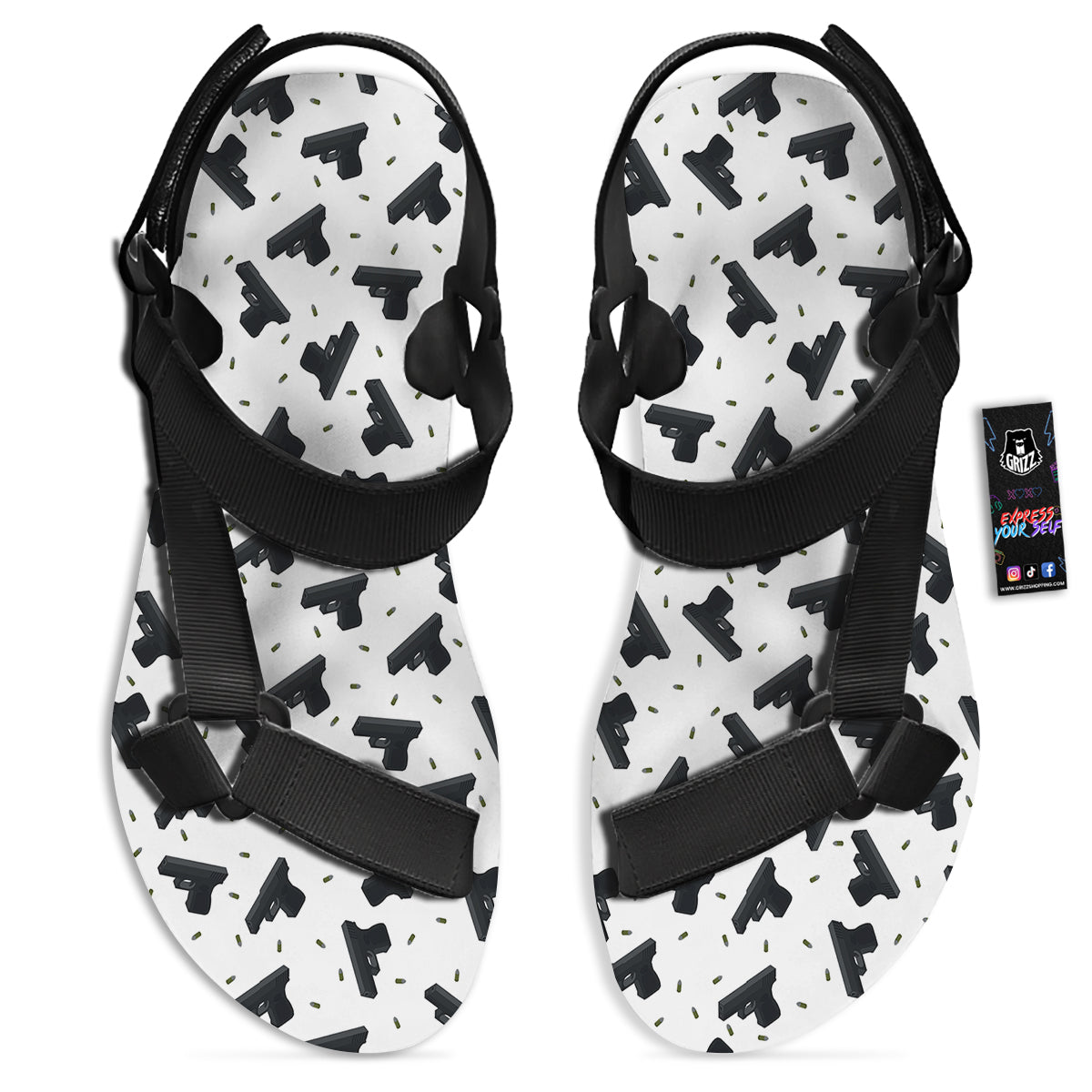 Gun Bullet White And Black Print Pattern Black Open Toe Sandals-grizzshop