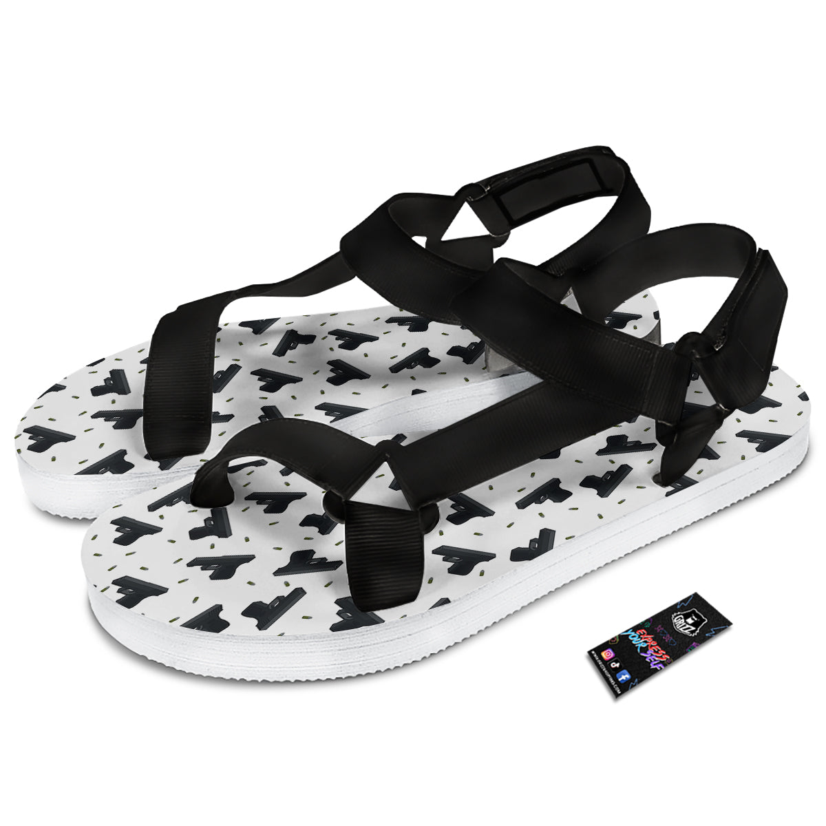Gun Bullet White And Black Print Pattern Black Open Toe Sandals-grizzshop