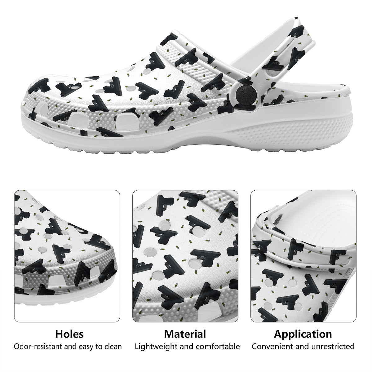 Gun Bullet White And Black Print Pattern Clog-grizzshop