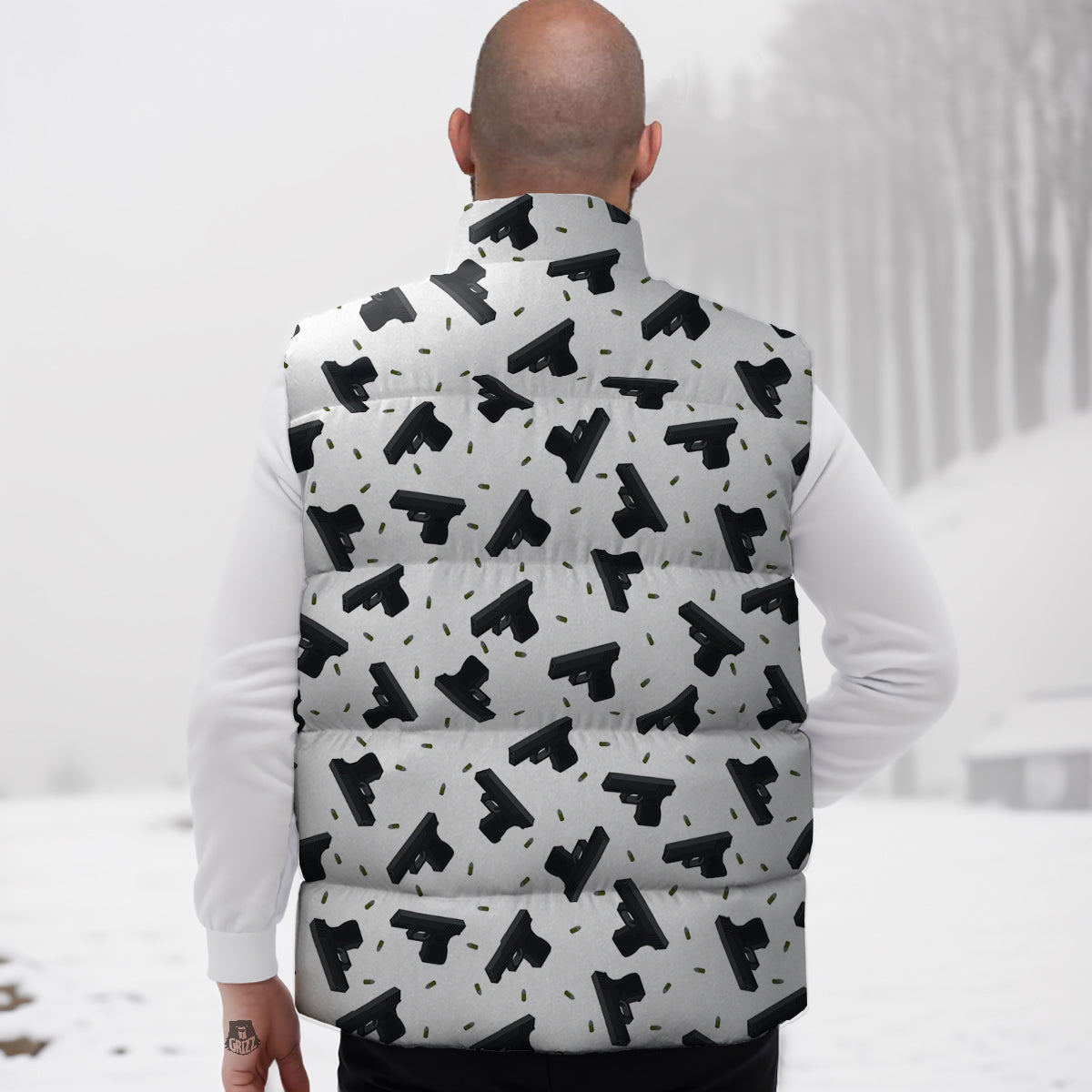 Gun Bullet White And Black Print Pattern Down Vest