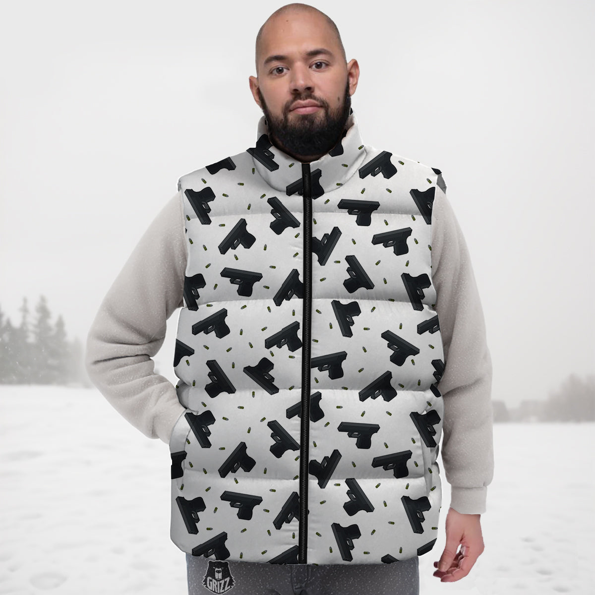 Gun Bullet White And Black Print Pattern Down Vest