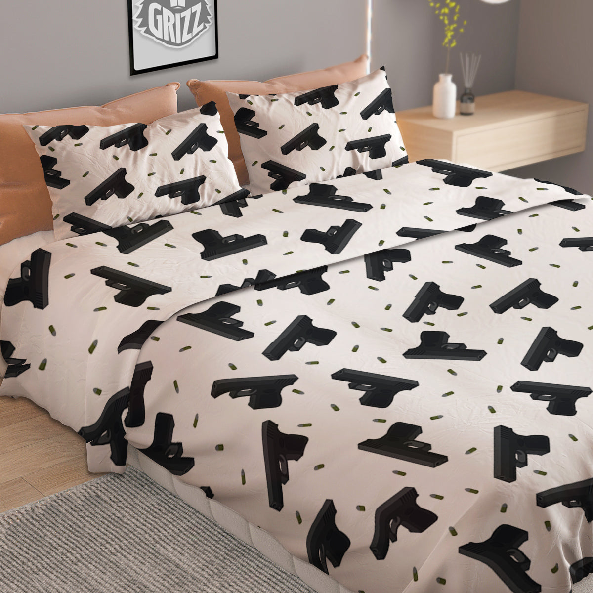 Gun Bullet White And Black Print Pattern Duvet Cover Bedding Set