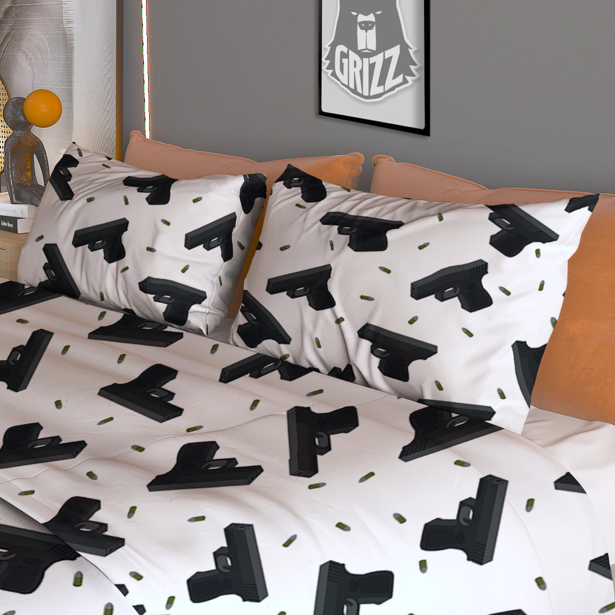Gun Bullet White And Black Print Pattern Duvet Cover Bedding Set