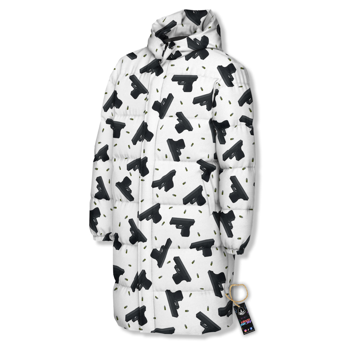 Gun Bullet White And Black Print Pattern Long Down Jacket-grizzshop