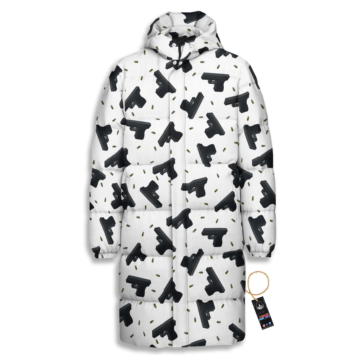 Gun Bullet White And Black Print Pattern Long Down Jacket-grizzshop