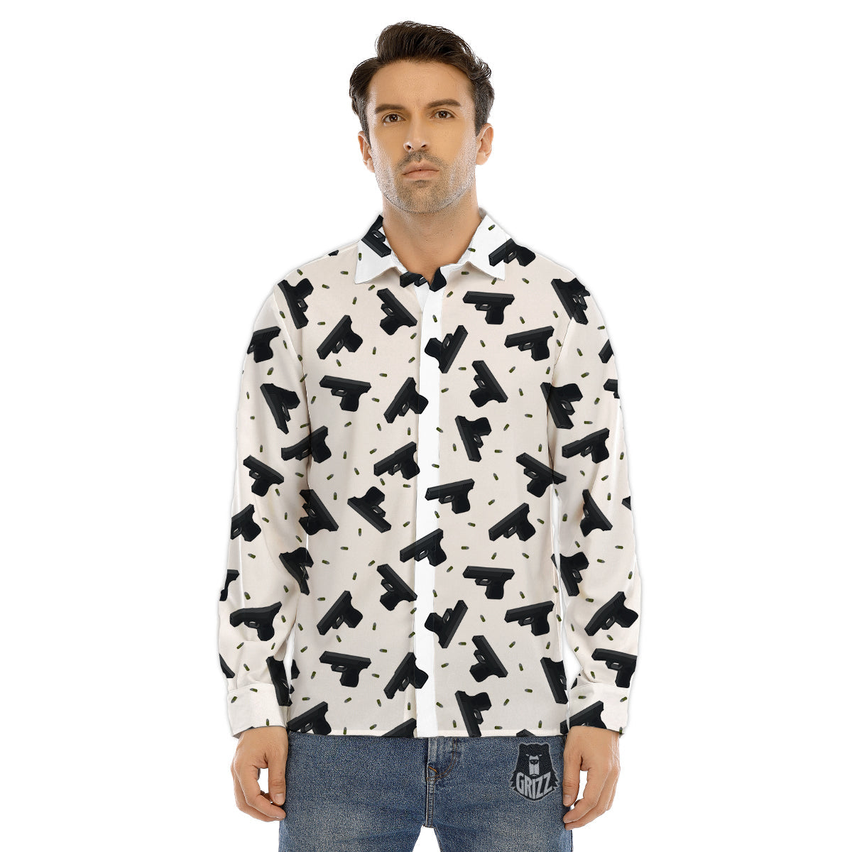 Gun Bullet White And Black Print Pattern Men's Dress Shirts-grizzshop