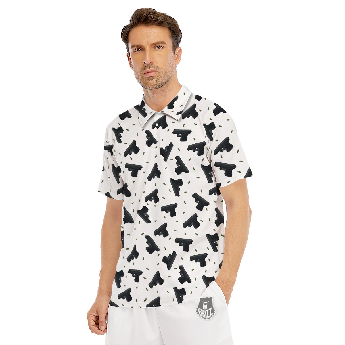Gun Bullet White And Black Print Pattern Men's Golf Shirts-grizzshop