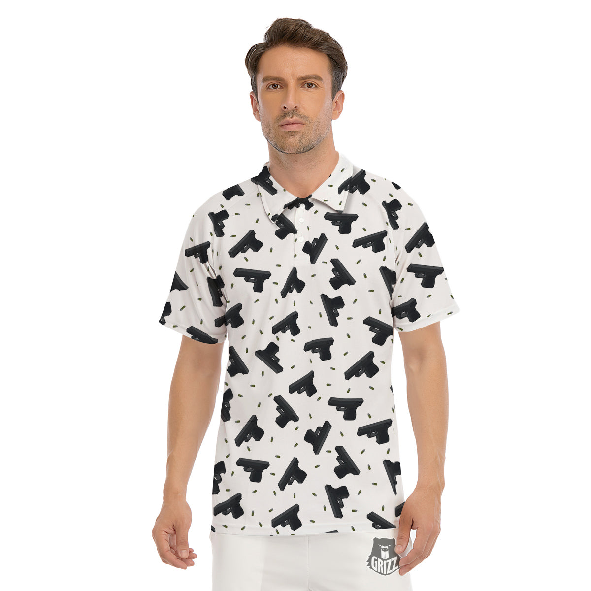 Gun Bullet White And Black Print Pattern Men's Golf Shirts-grizzshop