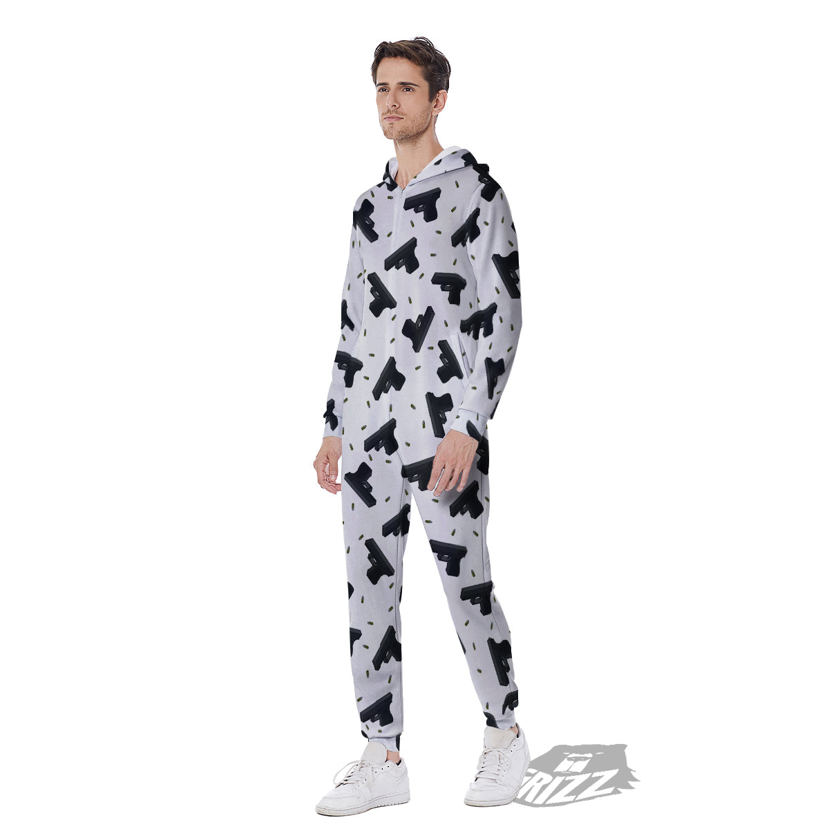 Gun Bullet White And Black Print Pattern Men's Jumpsuit-grizzshop