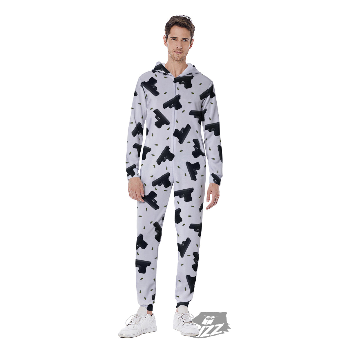 Gun Bullet White And Black Print Pattern Men's Jumpsuit-grizzshop