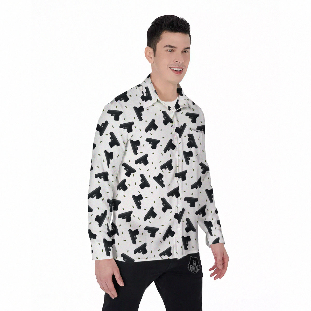 Gun Bullet White And Black Print Pattern Men's Long Sleeve Shirts-grizzshop