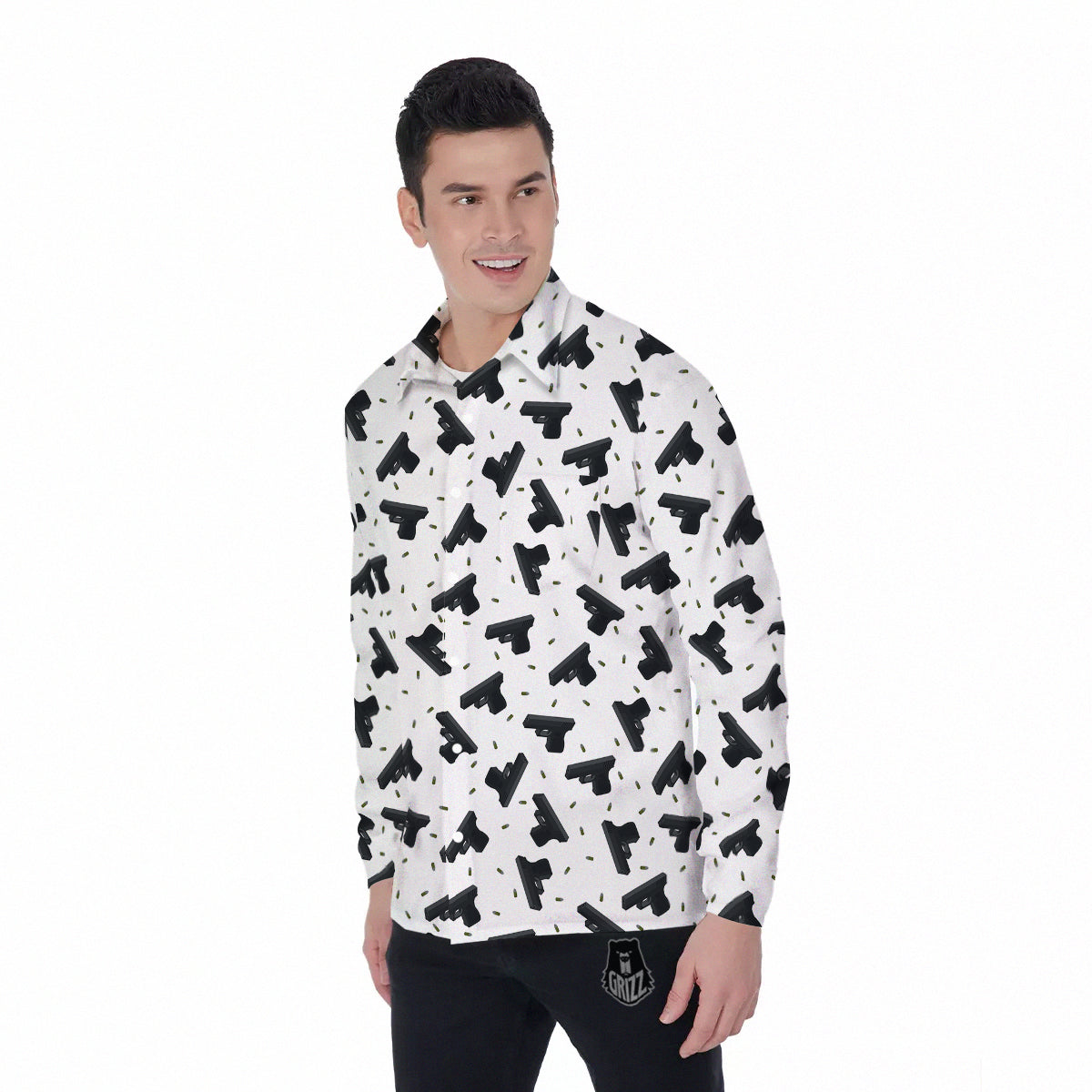 Gun Bullet White And Black Print Pattern Men's Long Sleeve Shirts-grizzshop