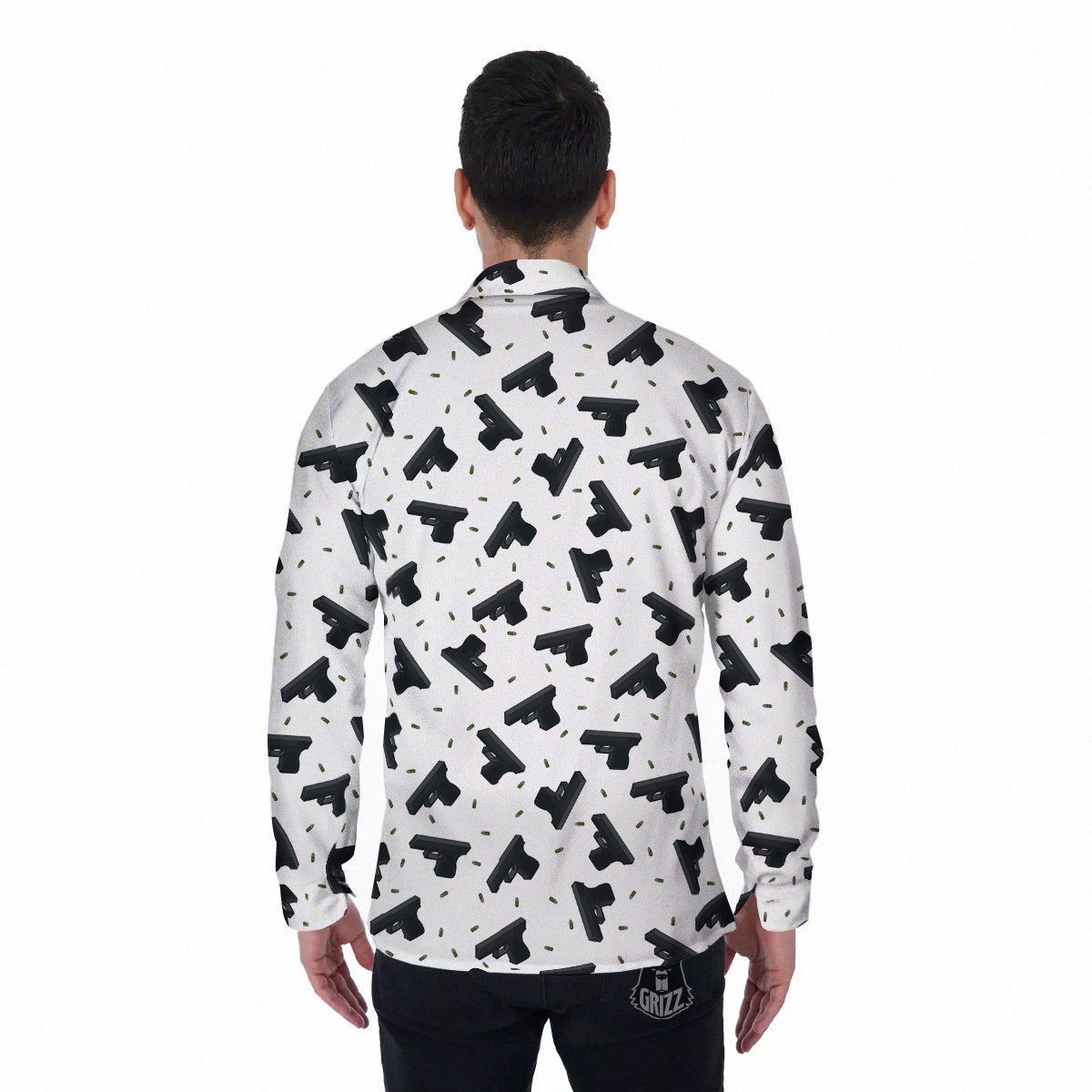 Gun Bullet White And Black Print Pattern Men's Long Sleeve Shirts-grizzshop