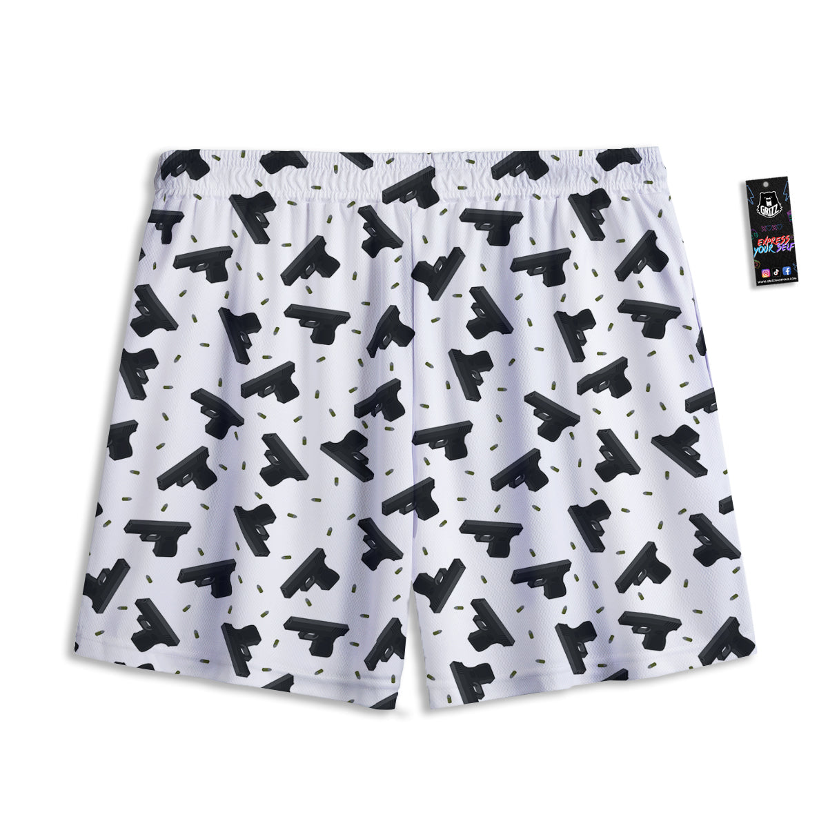 Gun Bullet White And Black Print Pattern Mesh Shorts