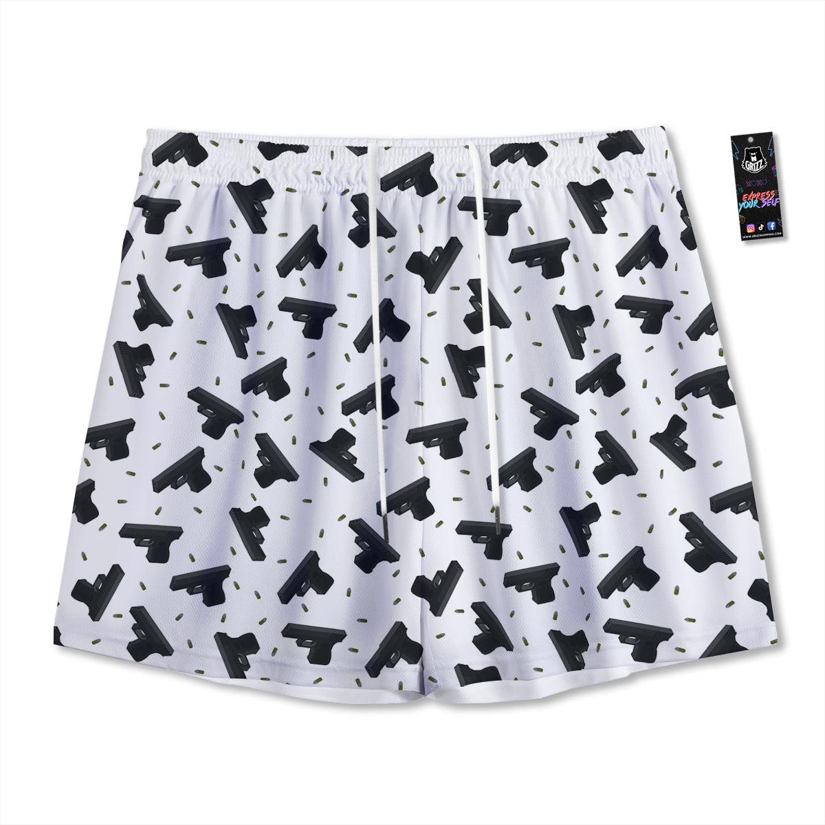 Gun Bullet White And Black Print Pattern Mesh Shorts