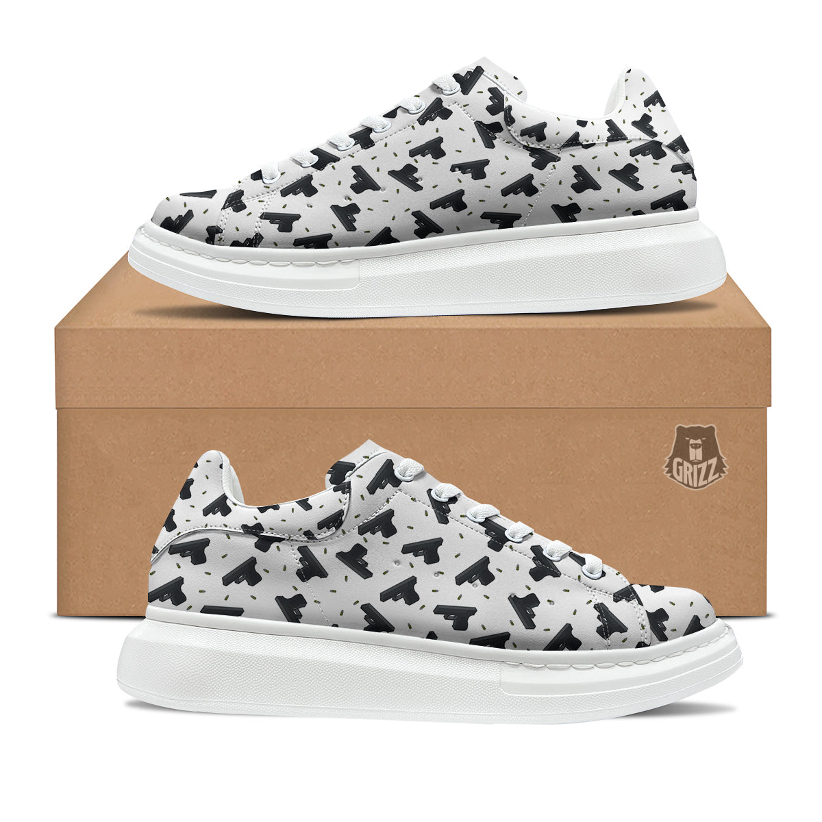 Gun Bullet White And Black Print Pattern Platform Shoes-grizzshop