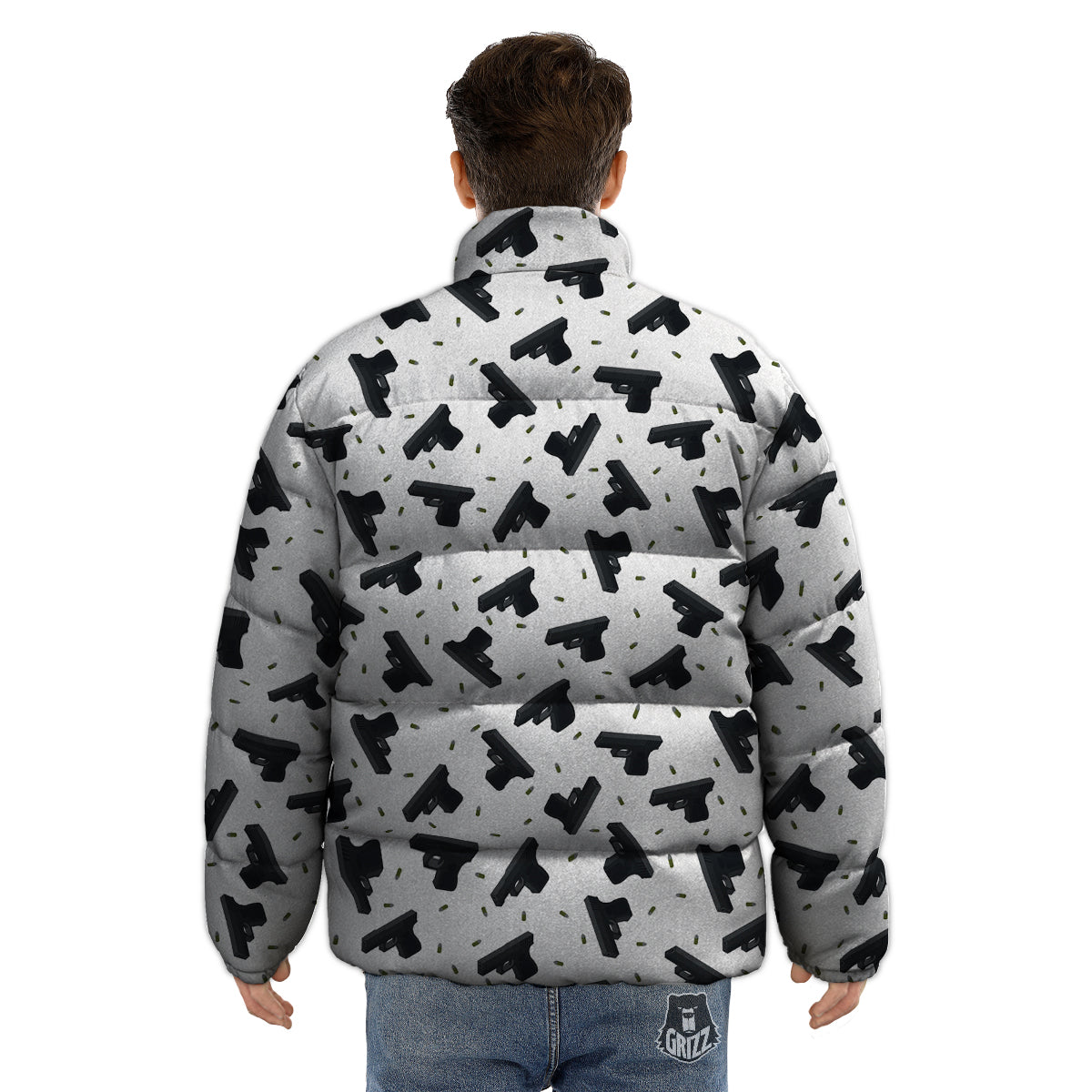 Gun Bullet White And Black Print Pattern Puffer Jacket-grizzshop