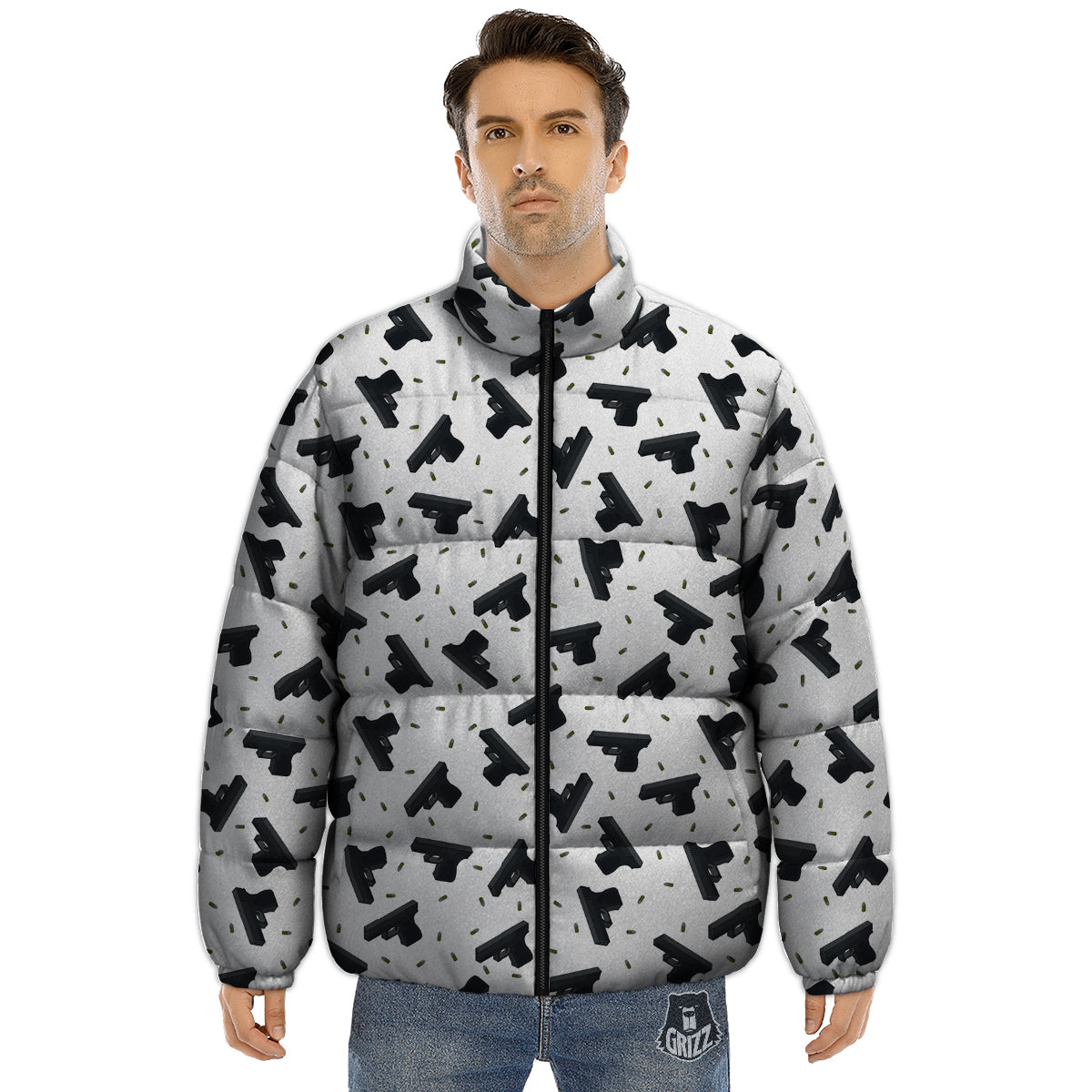 Gun Bullet White And Black Print Pattern Puffer Jacket-grizzshop