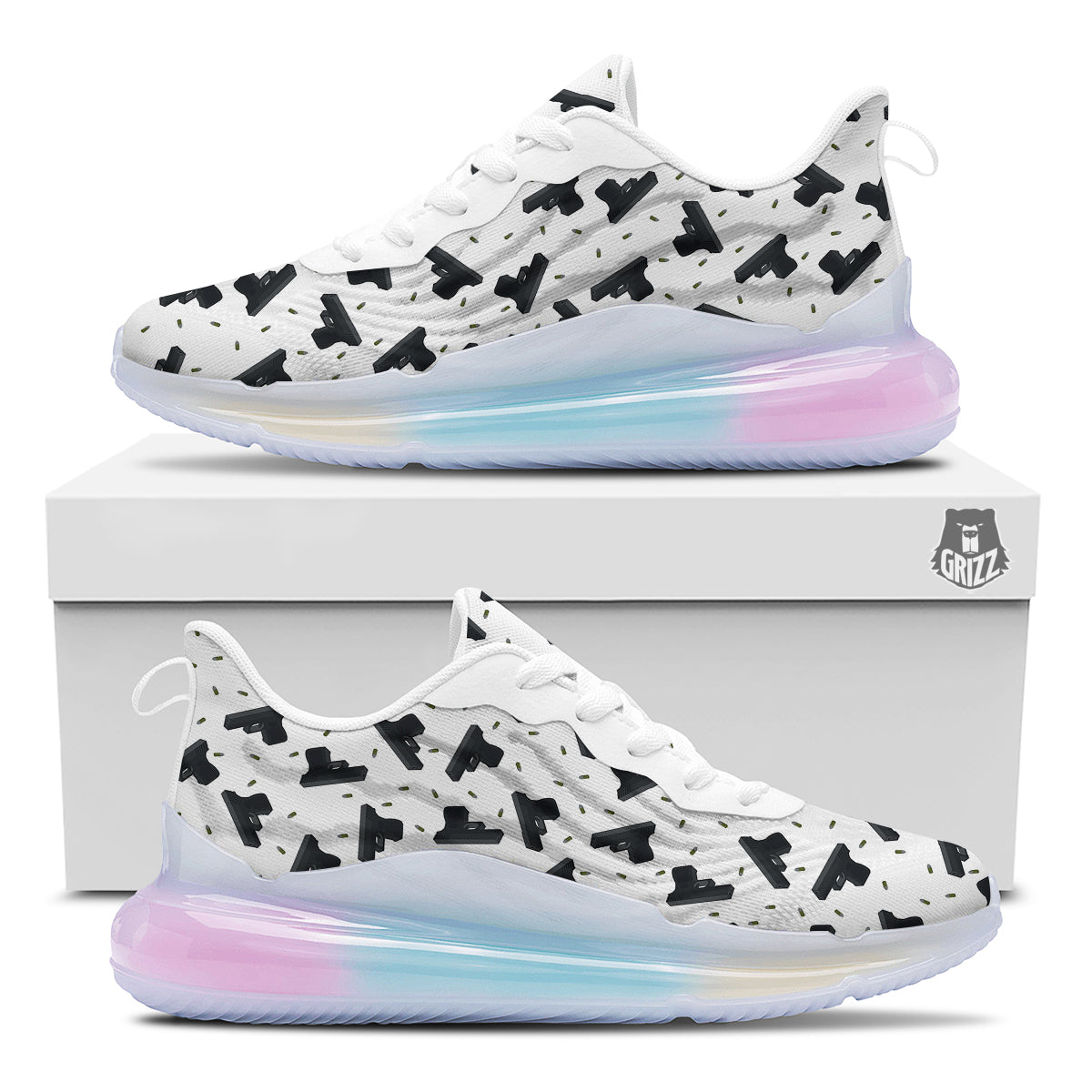 Gun Bullet White And Black Print Pattern Running Sneakers-grizzshop