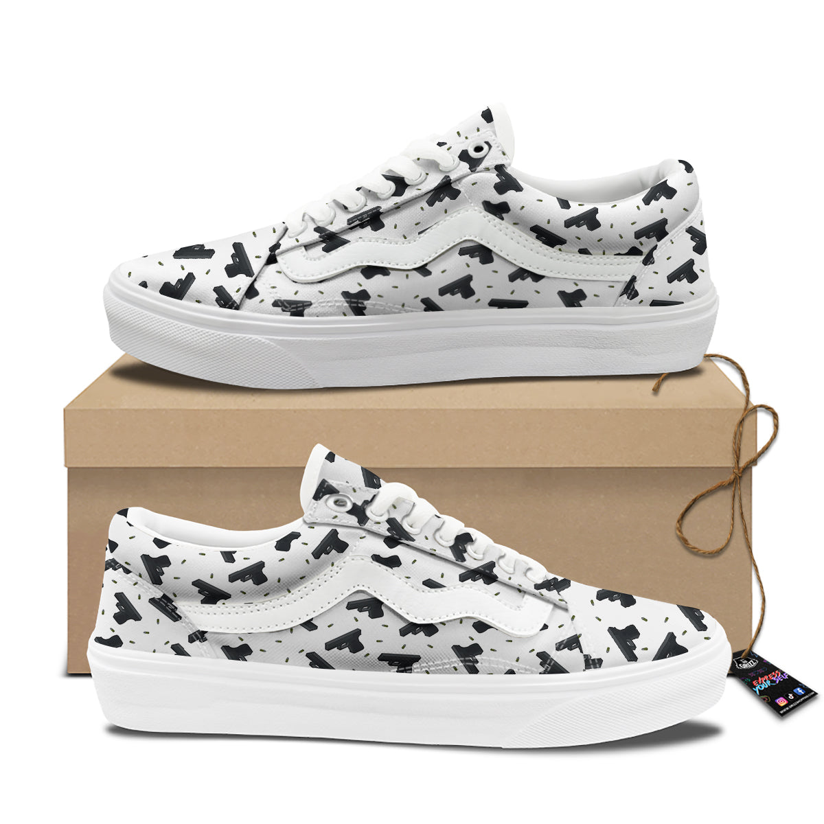 Gun Bullet White And Black Print Pattern Skate Shoes-grizzshop