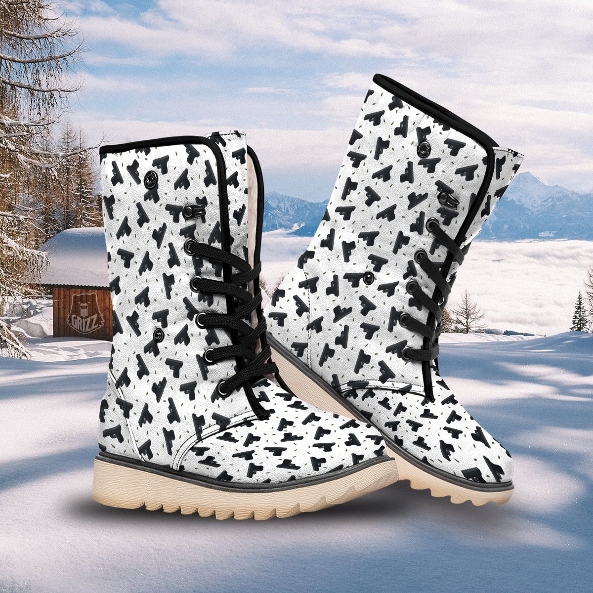 Gun Bullet White And Black Print Pattern Snow Boots-grizzshop