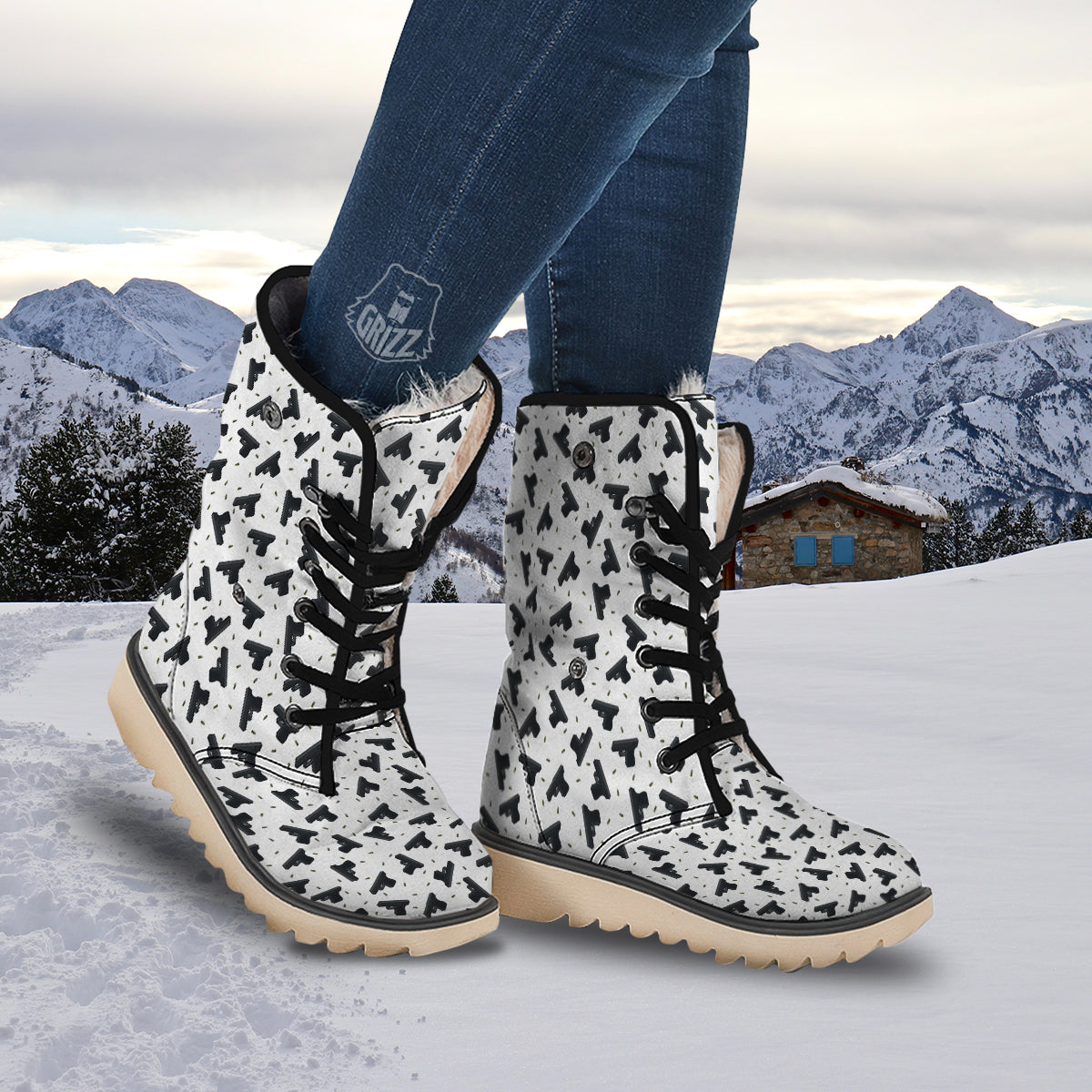 Gun Bullet White And Black Print Pattern Snow Boots-grizzshop