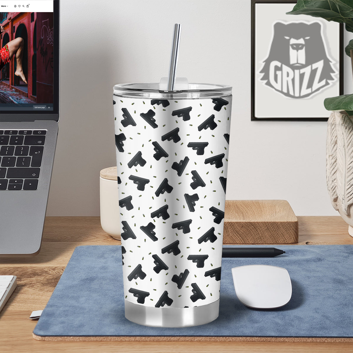 Gun Bullet White And Black Print Pattern Tumbler-grizzshop
