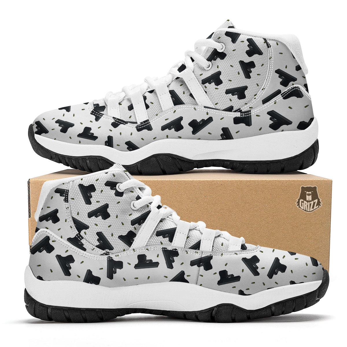Gun Bullet White And Black Print Pattern White Bball Shoes-grizzshop