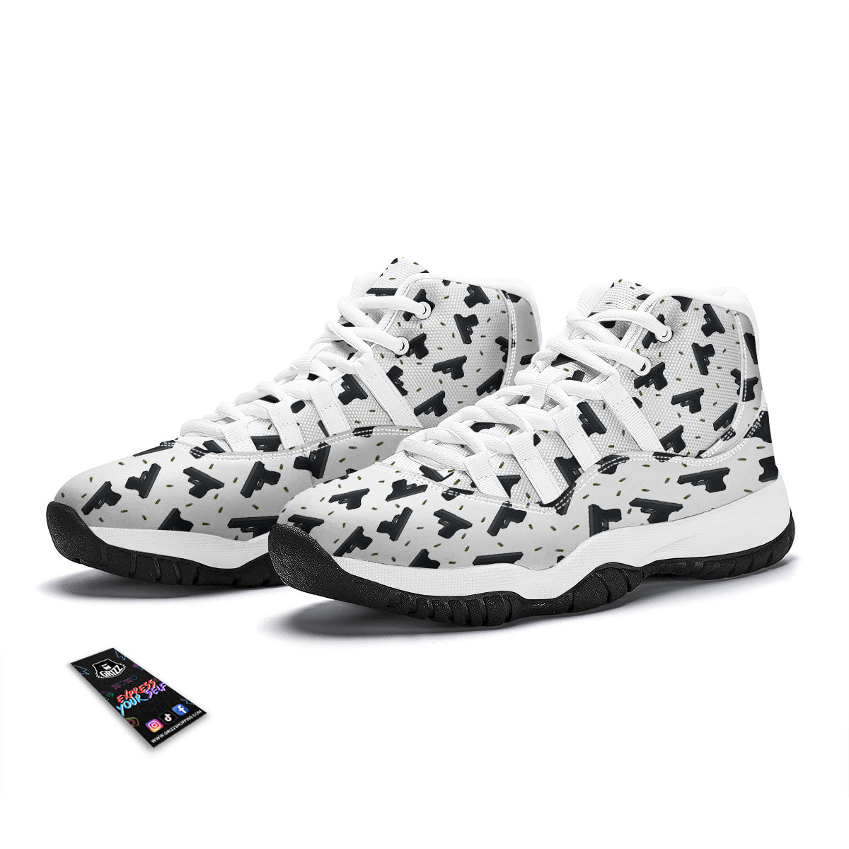 Gun Bullet White And Black Print Pattern White Bball Shoes-grizzshop