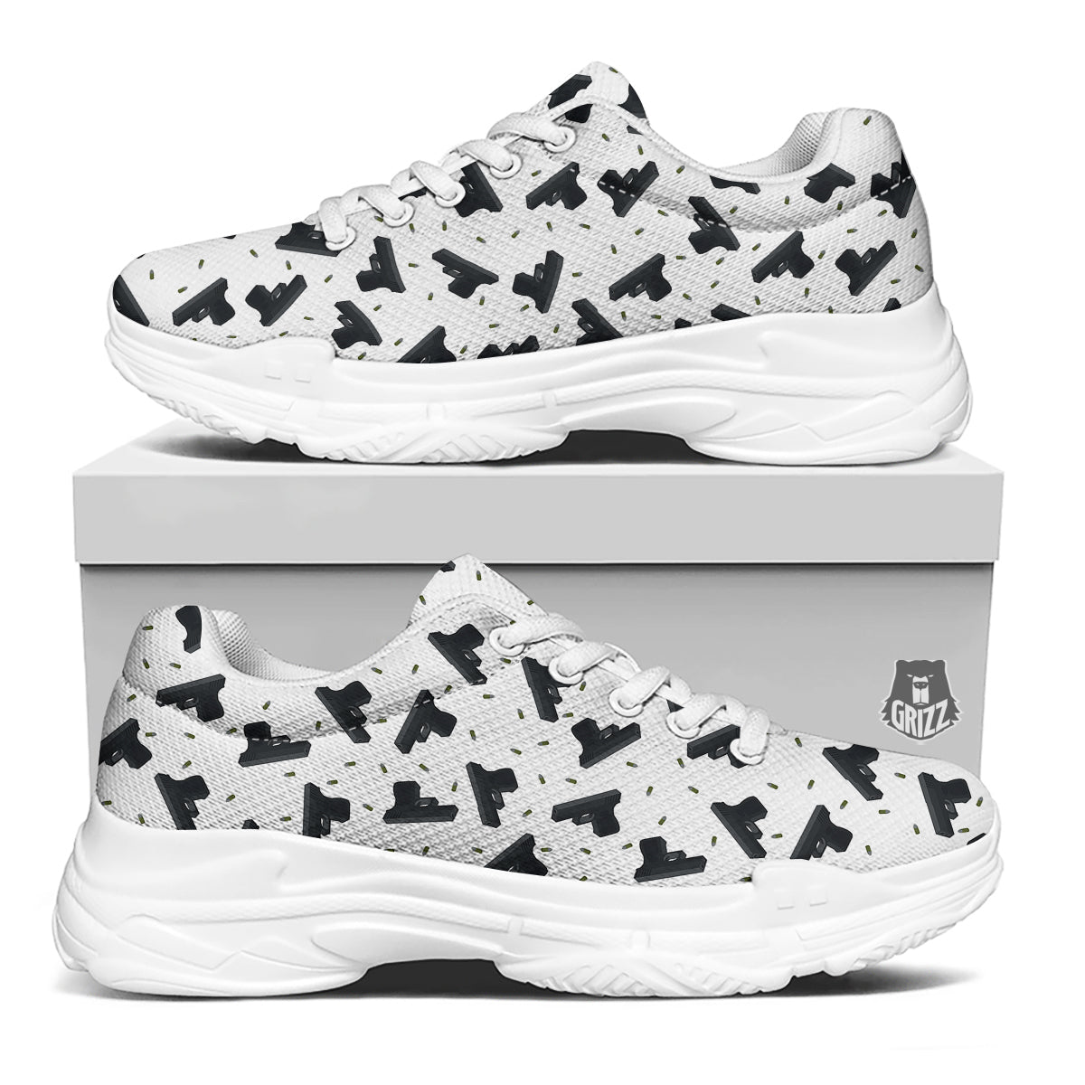 Gun Bullet White And Black Print Pattern White Chunky Shoes-grizzshop