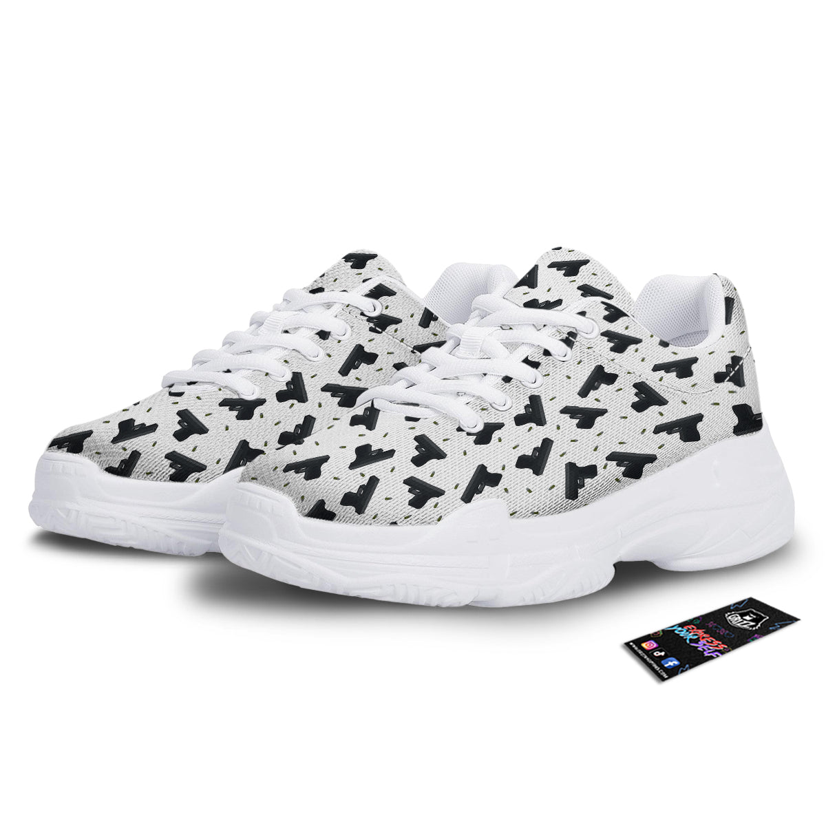 Gun Bullet White And Black Print Pattern White Chunky Shoes-grizzshop