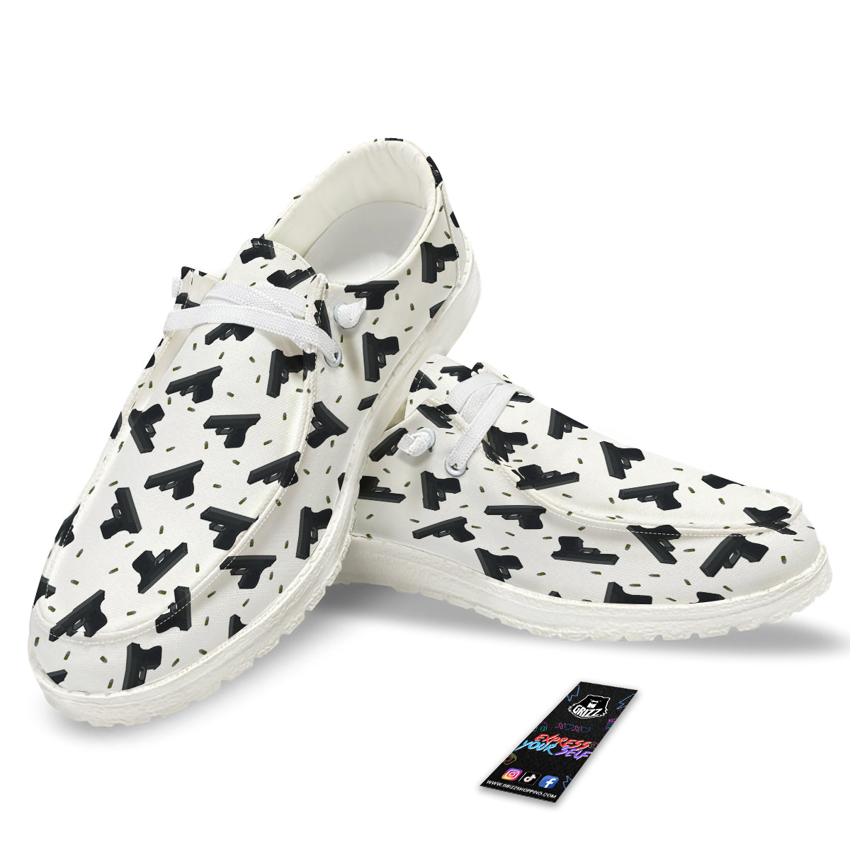 Gun Bullet White And Black Print Pattern White Loafers-grizzshop