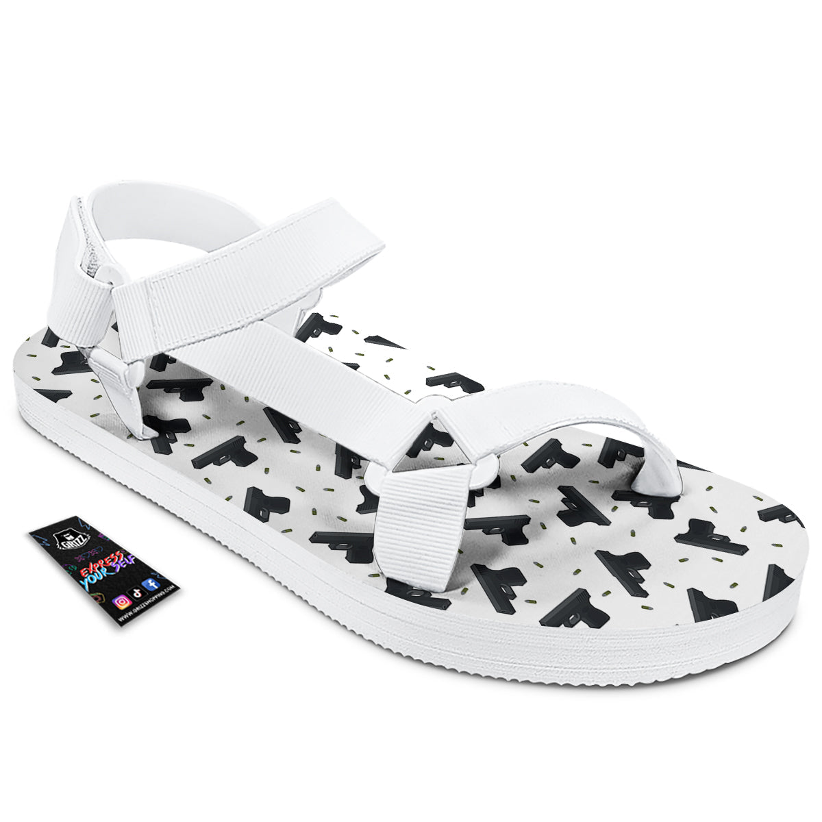 Gun Bullet White And Black Print Pattern White Open Toe Sandals-grizzshop
