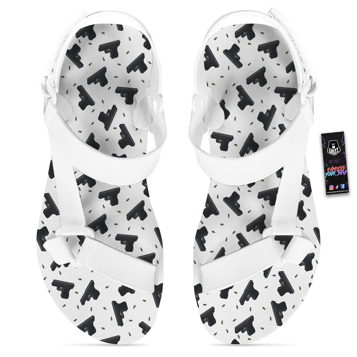Gun Bullet White And Black Print Pattern White Open Toe Sandals-grizzshop