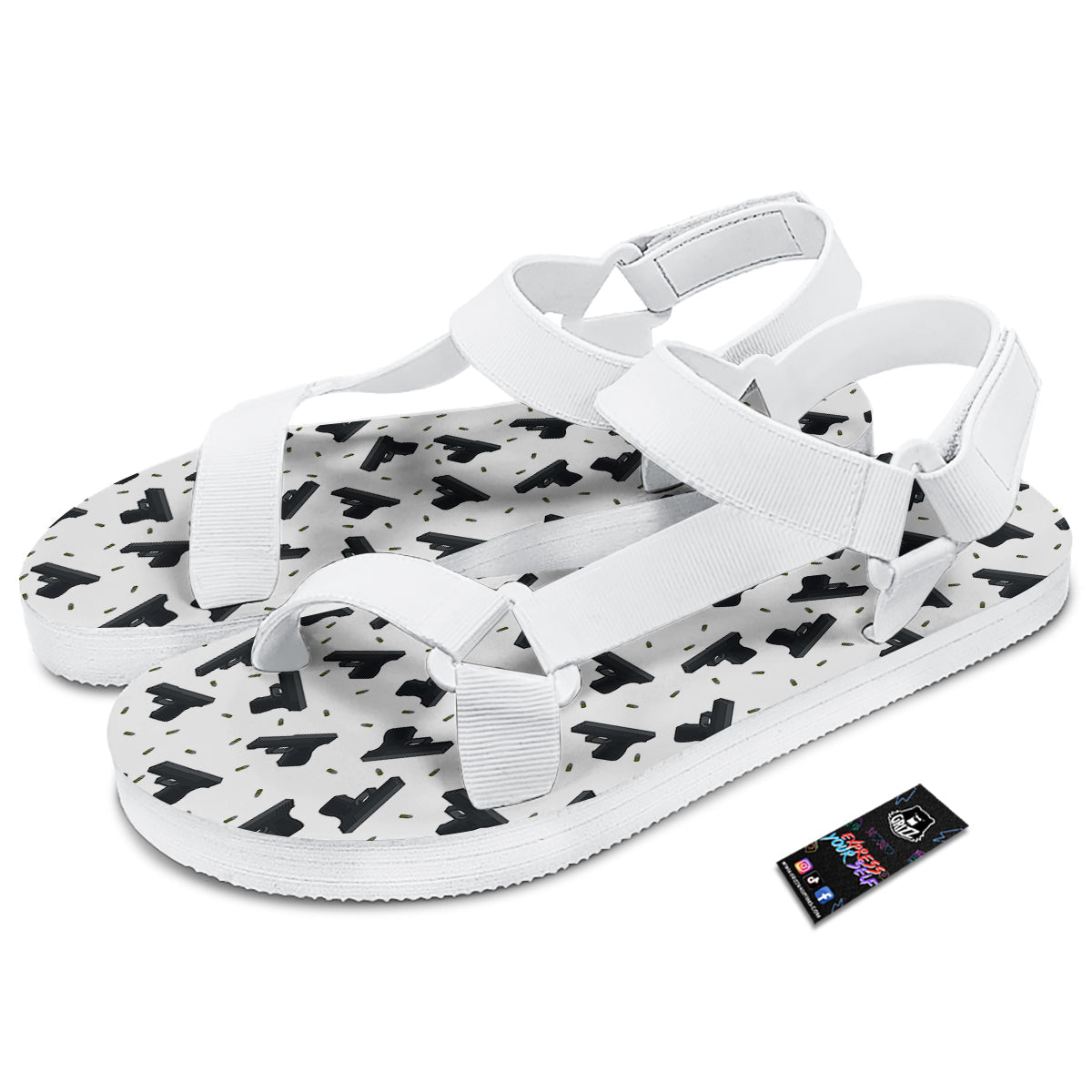 Gun Bullet White And Black Print Pattern White Open Toe Sandals-grizzshop