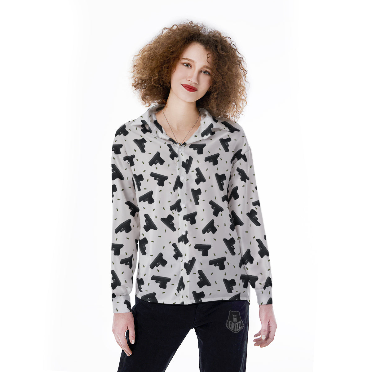 Gun Bullet White And Black Print Pattern Women's Long Sleeve Shirts-grizzshop