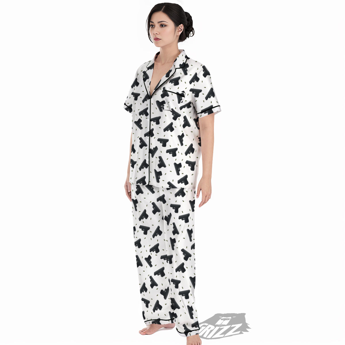 Gun Bullet White And Black Print Pattern Women's Pajamas Set-grizzshop