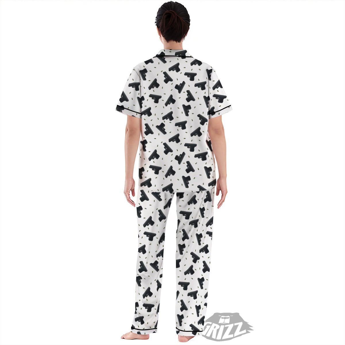 Gun Bullet White And Black Print Pattern Women's Pajamas Set-grizzshop