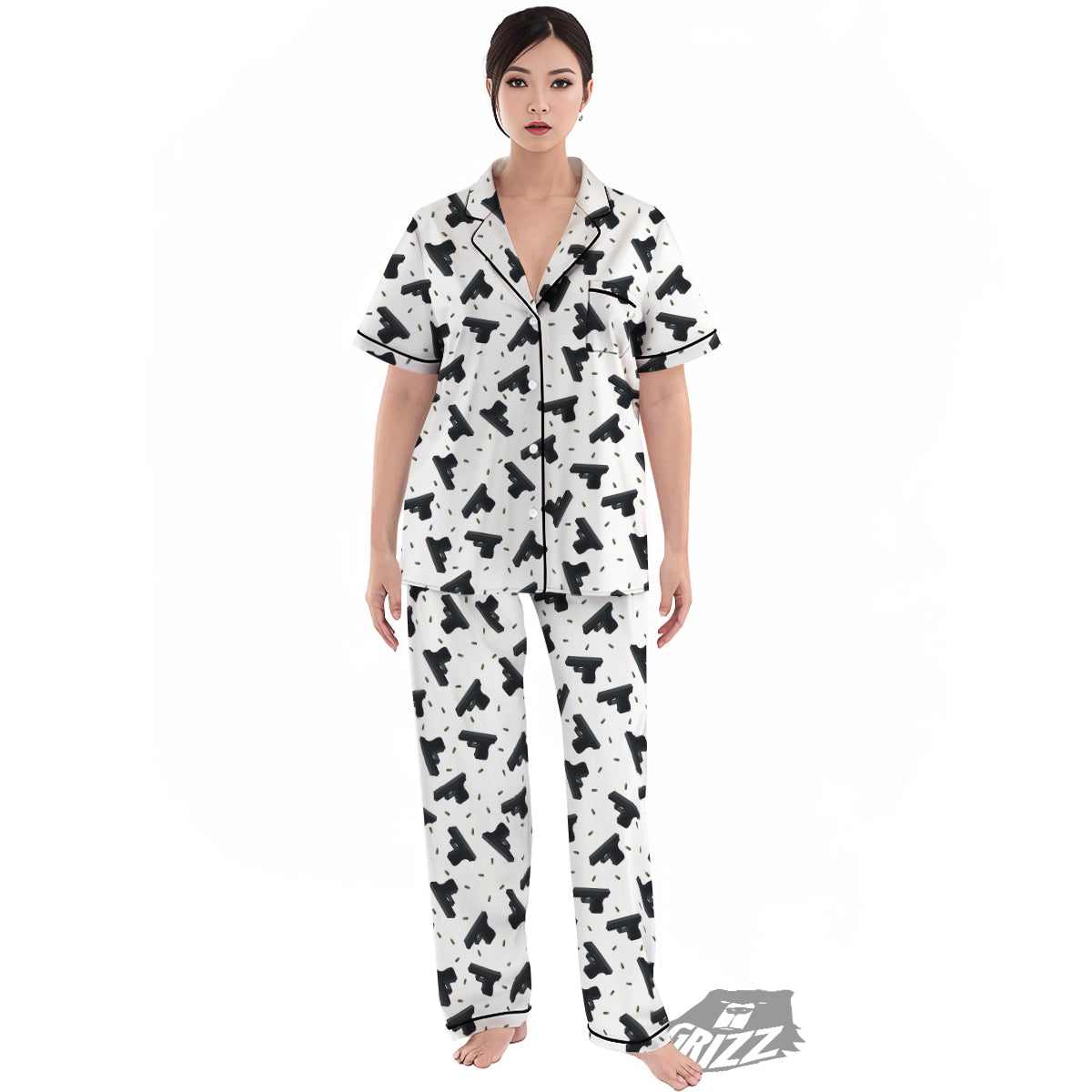 Gun Bullet White And Black Print Pattern Women's Pajamas Set-grizzshop