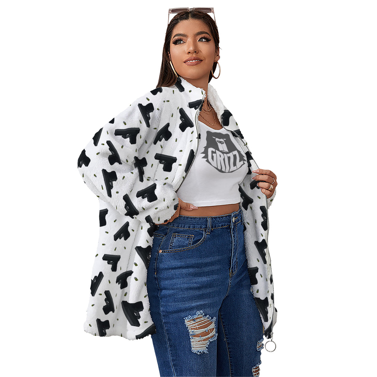 Gun Bullet White And Black Print Pattern Women's Sherpa Jacket-grizzshop