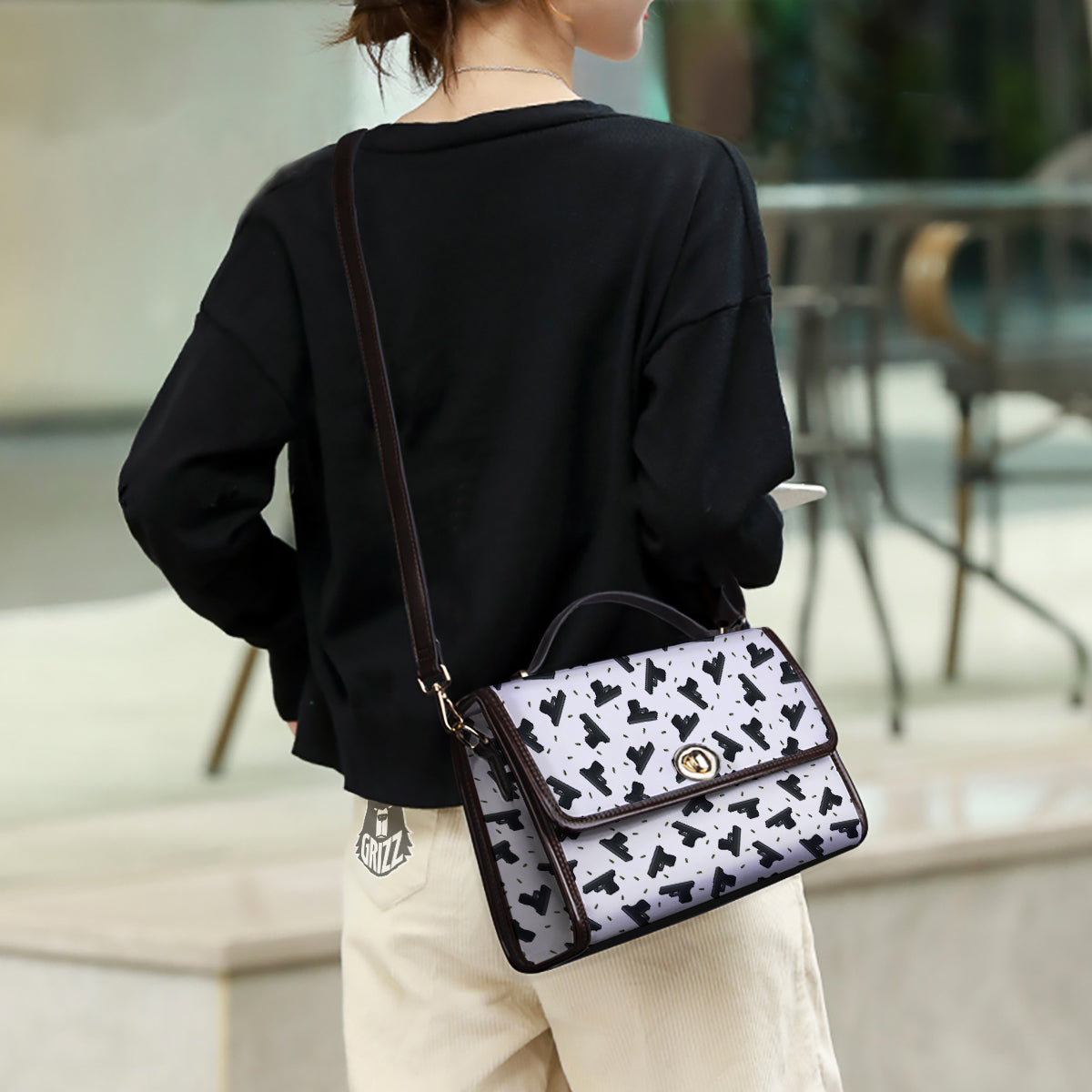 Gun Bullet White And Black Print Pattern Women's Satchel Bag