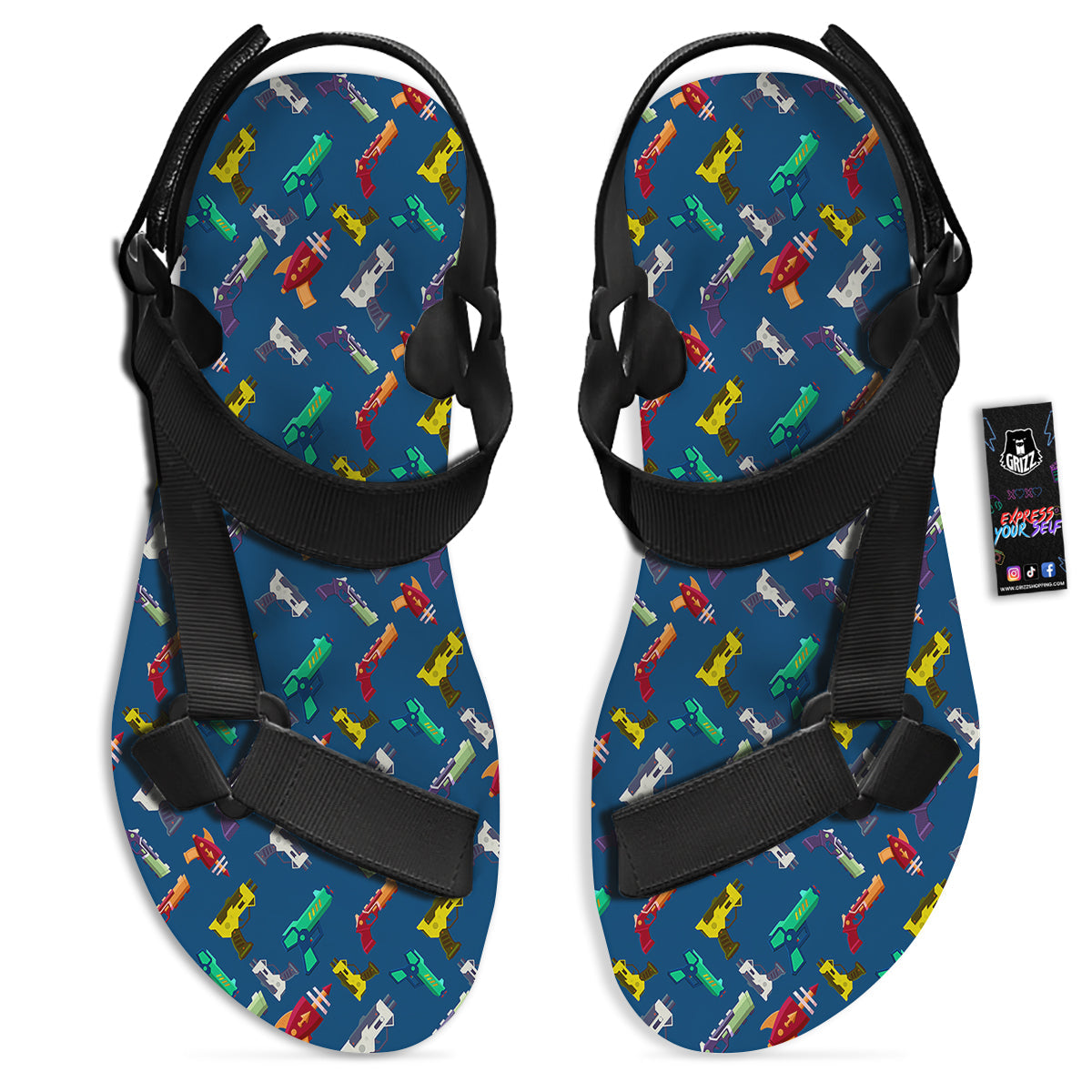 Guns Game Colorful Print Pattern Black Open Toe Sandals-grizzshop
