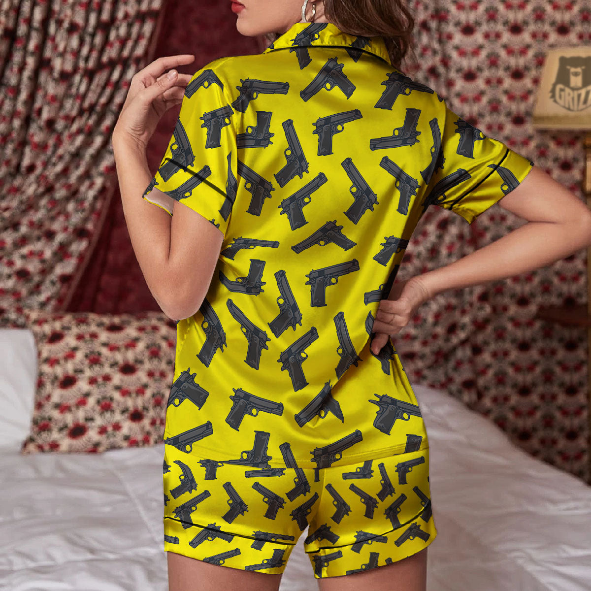 Guns Military Print Pattern Women Silk Pajamas-grizzshop