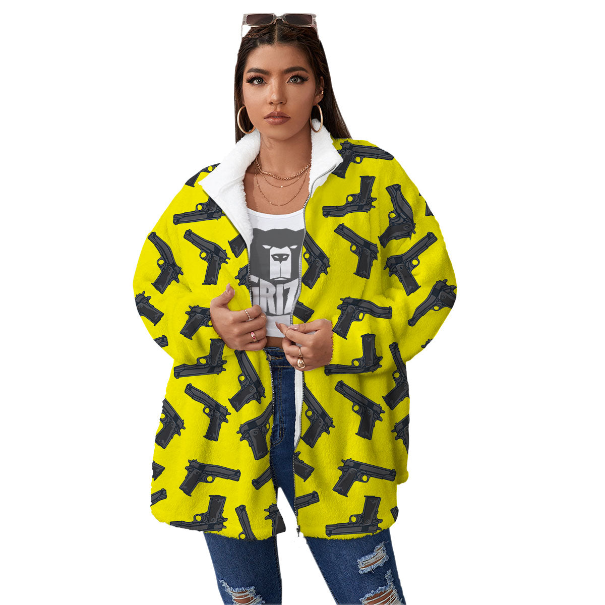Guns Military Print Pattern Women's Sherpa Jacket-grizzshop