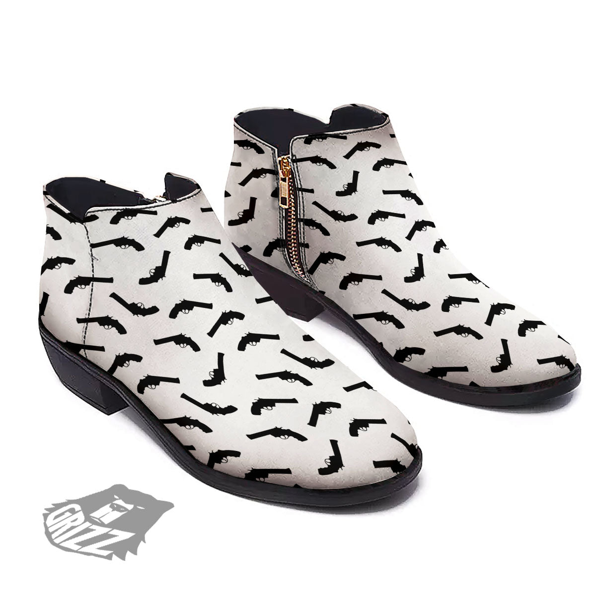 Guns White And Black Print Pattern Ankle Boots-grizzshop