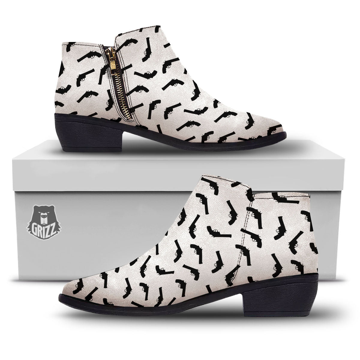 Guns White And Black Print Pattern Ankle Boots-grizzshop
